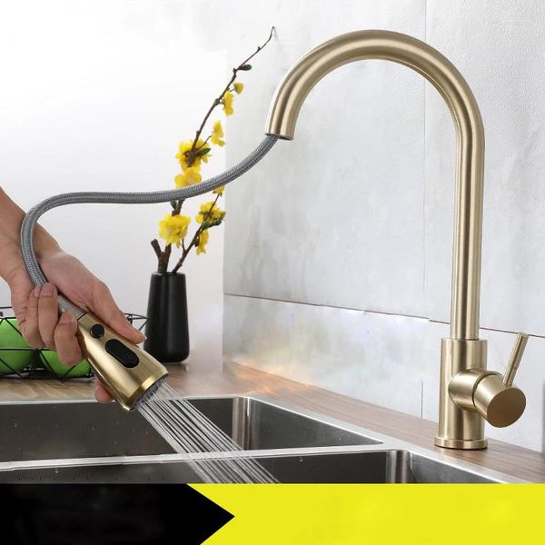 Rubinetti da cucina Rubinetto estraibile monocomando in oro spazzolato Foro per testa spruzzatore flusso e miscelatore acqua fredda