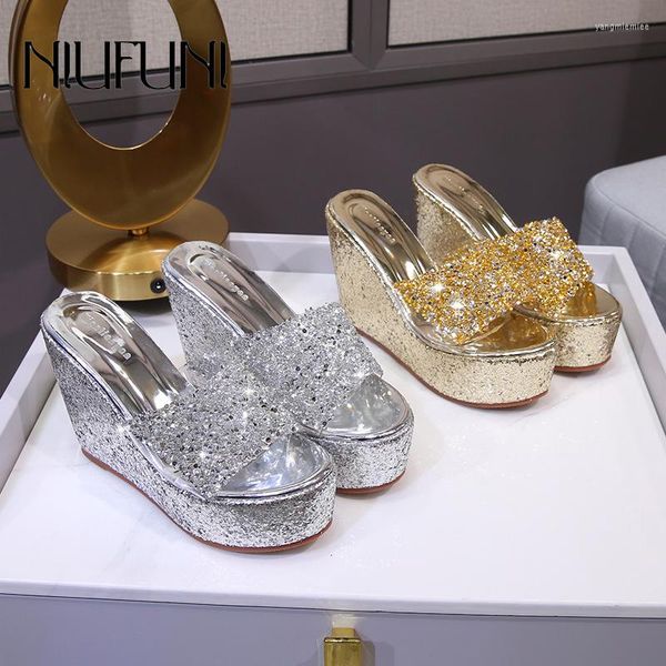 Pantofole sbirciate sandali a cuneo tacco alto 2023 scarpe da donna estate in paillettes