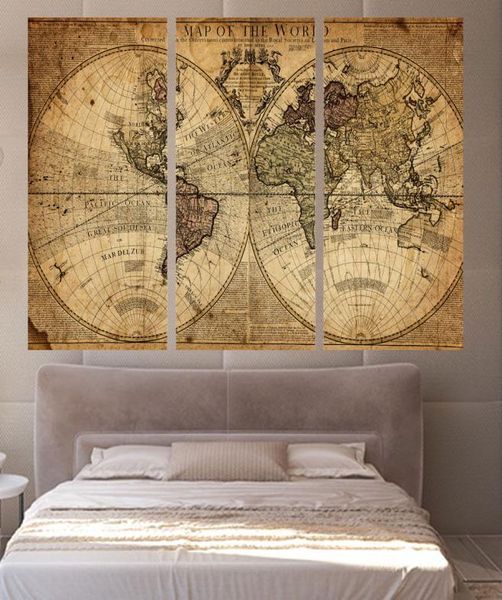 3 pannelli Vintage Mappa del mondo Tela Pittura Home Decor Wall Art Pittura Stampe su tela Immagini per soggiorno Poster3386415