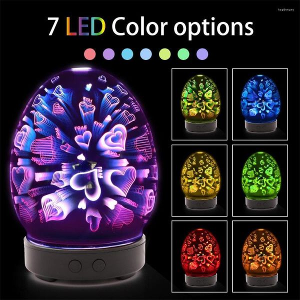Nachtlichter 100 ml Ultraschall Luftbefeuchter 3D -Feuerwerk Cool Mist Aroma Diffusor Glass Vase Maker mit 7 Farb -LED -Licht