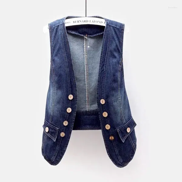 Gilet da donna Primavera Estate Vintage Blu scuro con scollo a V Gilet di jeans Donna Slim Corto Gilet da cowboy Casual Senza maniche Giacca di jeans Cappotto Donna