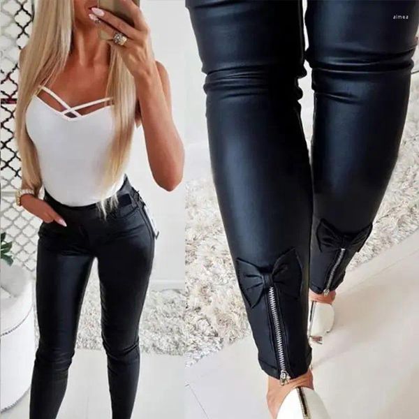 Pantaloni da donna Leggings in pelle PU Pantaloni aderenti elasticizzati sexy Vita alta Piede magro Tasca con cerniera Matita invernale