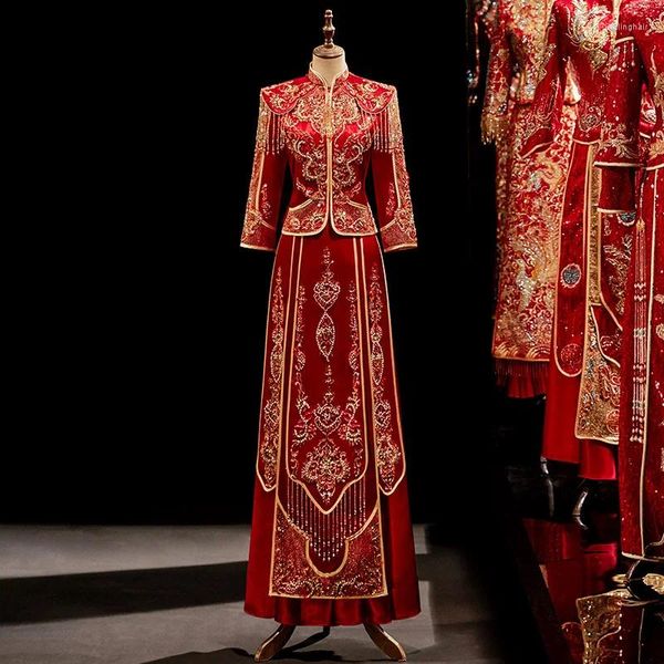 Roupas étnicas Mulheres Cetim Cheongsam Beading Borlas Qipao Estilo Chinês Lantejoulas Vestido de Casamento Oriental Vestido