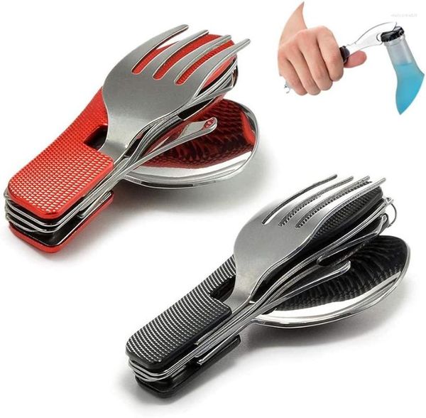 Set di stoviglie 2 posate da campeggio pieghevoli in acciaio inossidabile 4 in 1 manico in alluminio zigrinato sopravvivenza esterna (coltello forchetta cucchiaio