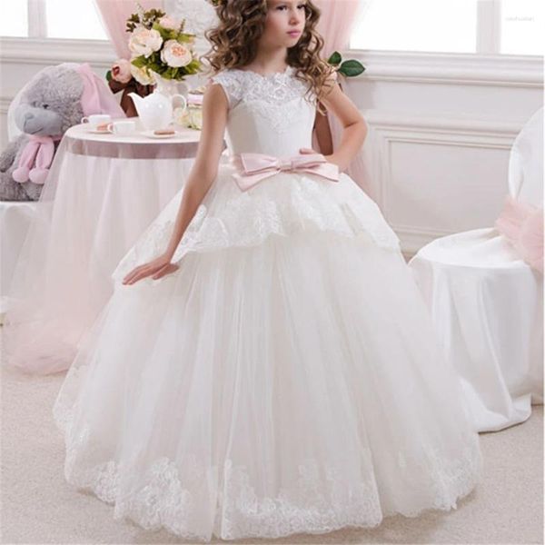 Abiti da ragazza Abito da ballo Fiore 2023 Abito da principessa senza maniche per bambini con fiocco Matrimoni Prima comunione Spettacolo Elegante piccola sposa