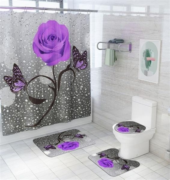 Tapete de banho floral e cortina de chuveiro conjunto cortina de chuveiro com ganchos tapetes de banho anti skid banheiro tapete toalete pé almofada tapete de banho 20123860129