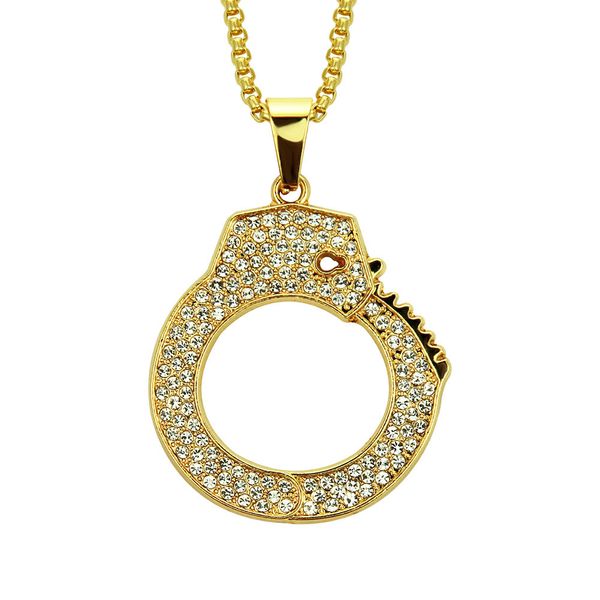 Hip Hop Rapper ciondolo con diamanti lucidi collana in oro con manette in zircone pieno ciondolo in rame con micro-inserzioni in zircone gioielli hip hop 75cm Collana con catena a reticolo 1945