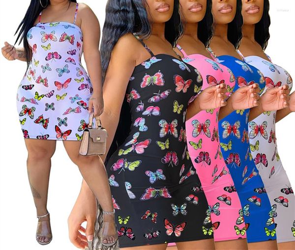 Lässige Kleider Sommer Butterfly Print Einteiliges Kleid Ärmellose Spaghettiträger Sexy Open Back Women Body Beach Outfits