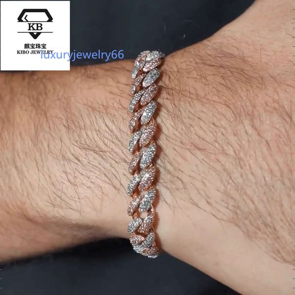 Pulseira masculina de hip hop, dois tons, 8mm, prata esterlina, miami vvs, moissanite, link cubano