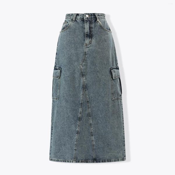 Damesjeans Vintage Amerikaanse stijl Water Wash Technologie Nostalgisch zakontwerp Hoog getailleerde slanke denim lange rok