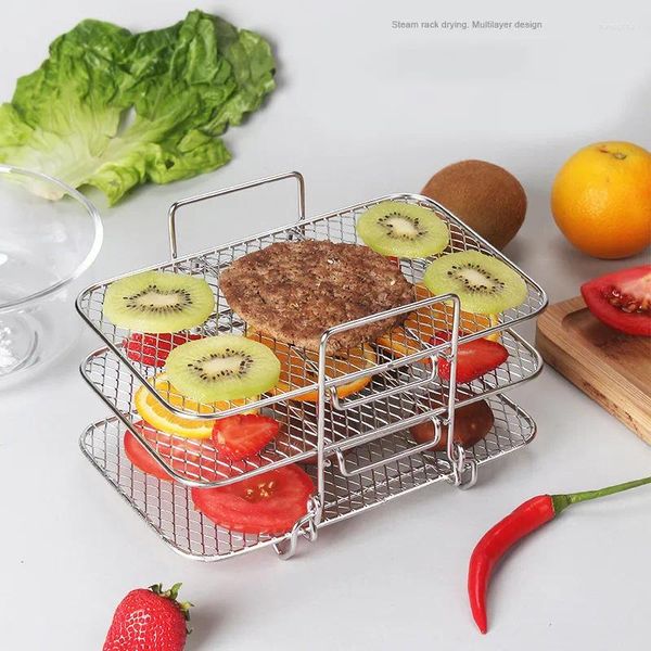 Caldeiras duplas de aço inoxidável, grelha universal quadrada, três camadas, rack de desidratação de frutas e vegetais, acessórios para fritadeira a vapor