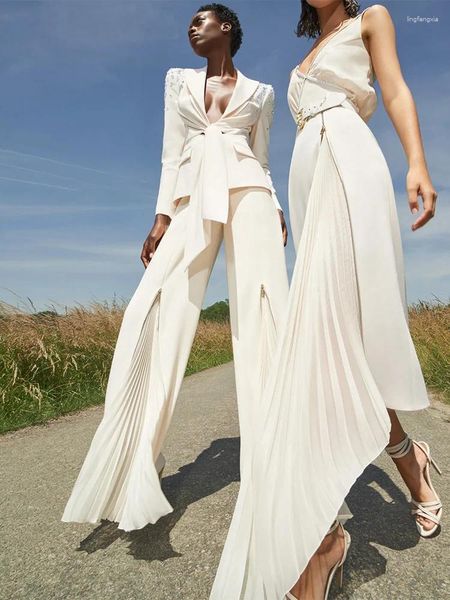 Kadınlar iki parçalı pantolon en son moda pist tasarımcısı şık şık kadınlar uzun kollu blazer pileli fermuarlı pantolonlar kadın 2 set