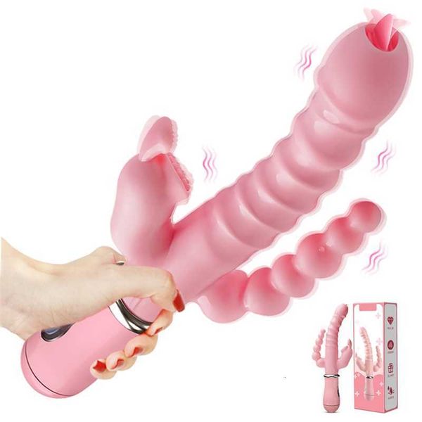 Massaggiatore giocattolo del sesso 3 in 1 coniglio G Spot vibratore vibratore stimolatore del clitoride pene anale doppia penetrazione lingua leccata asta giocattolo