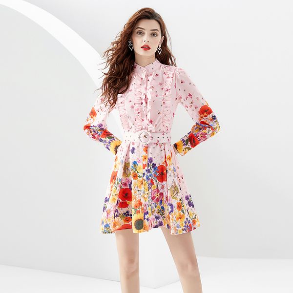 Retro Çiçek Parti Pembe Mini Elbise Lüks Tasarımcı Kadın Fener Kılıf Fırfır Standı Yaka İnce Yüksek Bel Tatil Elbiseleri 2023 Bahar Sonbahar Pist Baskı Frocks