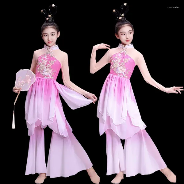 Комплекты одежды, детская древняя классическая танцевальная веерная одежда для девочек, китайский зонтик, одежда для танцев, танцевальная форма LE728
