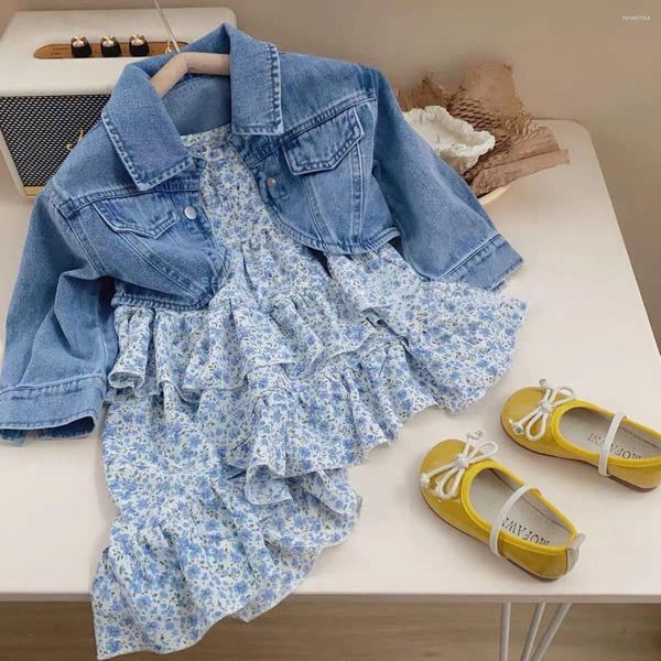 Conjuntos de roupas 2023 outono meninas moda denim terno bebê primavera casaco floral halter vestido de duas peças crianças roupas de criança