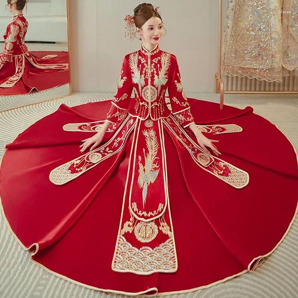 Roupas étnicas brinde estilo chinês phoenix bordado vestido de casamento antigo tradicional hanfu vestidos de noiva tang terno cheongsam