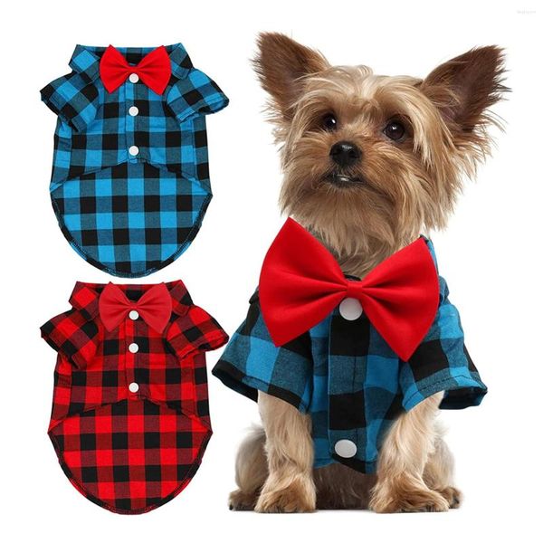 Abbigliamento per cani ATUBAN Camicia scozzese per cuccioli-Vestiti per ragazzo carino e papillon Completo combinato per cani di piccola taglia Gatti Festa di compleanno Vacanza Pos
