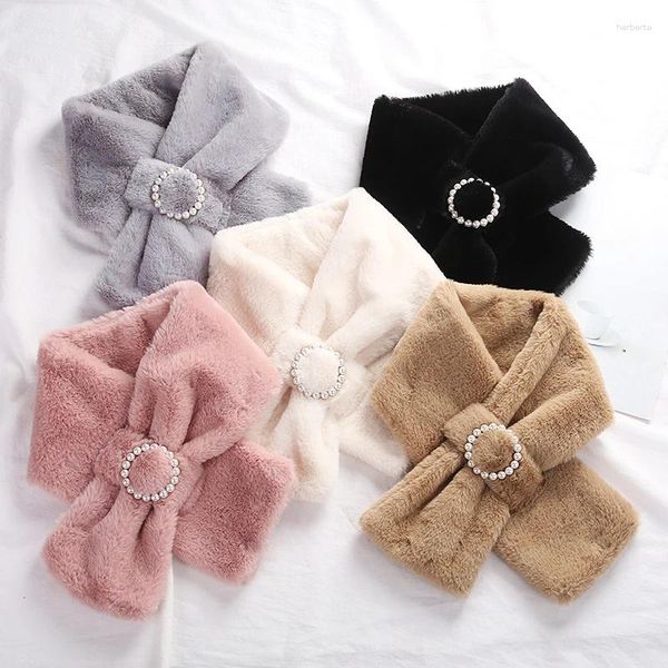 Lenços Dupla Face Pescoço Quente Xale Faux Fur Collar Pérola Botão Cruz Lenço De Pelúcia Feminino Inverno Protetor Grosso