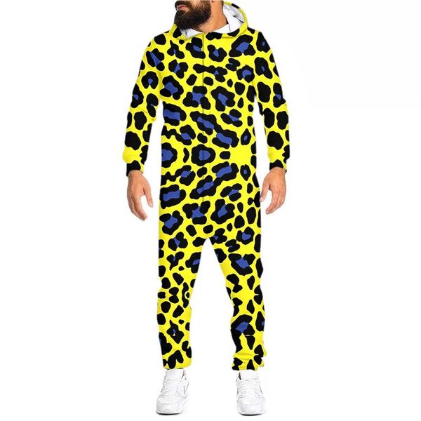 Joggingbekleidung Herren Einteiler Ganzkörper Benutzerdefinierte Druck Gelb Blau Flecken Pyjama Party Übergroße Reißverschluss Hoodie Hose Lässig Dropship