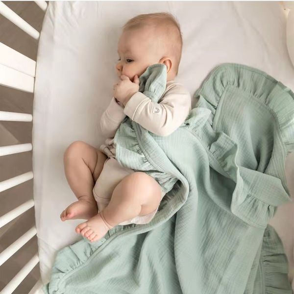 Baby Rüsche Feste Baumwollgaze Decke Großhandel Babydecke Musselin Swaddle Decken Wraps