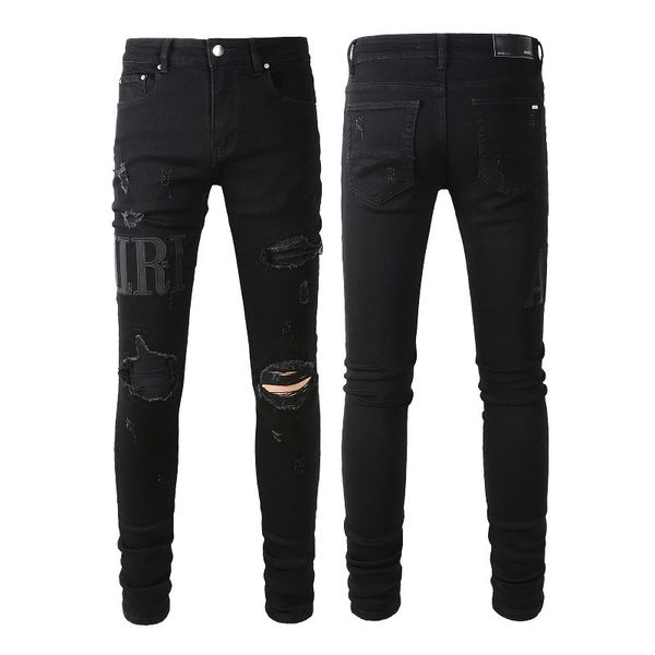 American Fashion Amiryes Lochpatch, gerader Reißverschluss, elastische schwarze Slim-Jeans