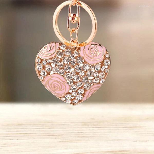 Chaveiros bonito strass cristal coração forma rosa rosas chaveiro amor símbolo flor chaveiro titular pingente chaveiro