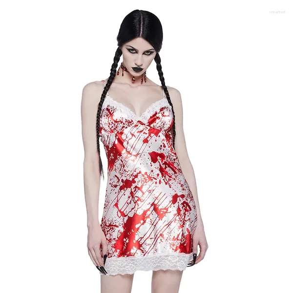 Casual Dresses Halloween für Frauen 2023 Kurzer Mini Slip Rock Blutfleck Bedruckte Spitze Sexy Mode Seidenkleid Party Ärmelloses Sommerkleid