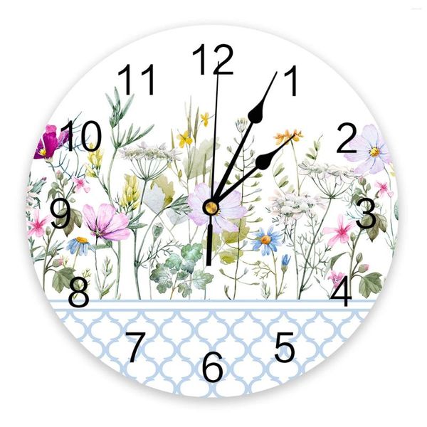 Orologi da parete Blu Marocco Fiore di primavera Fiore di campo Bianco Orologio Moda Soggiorno Orologio al quarzo Decorazione domestica moderna Rotondo