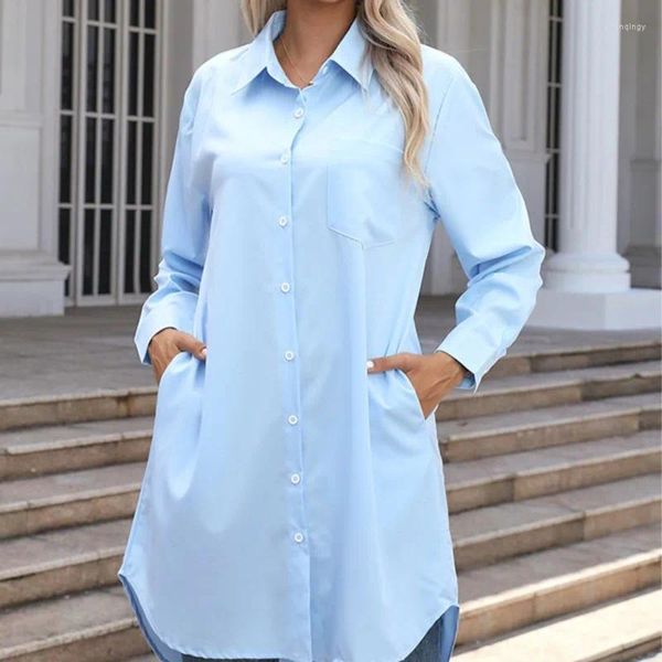 Blusas femininas europeias e americanas 2023 outono longo cor sólida casual solto temperamento manga camisa blusa blusas