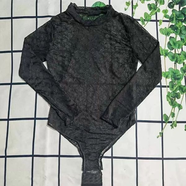 Bikini Set Pagliaccetto in pizzo nero Tute a maniche lunghe alla moda in tessuto Body sexy a vita alta in rete cava per le donne