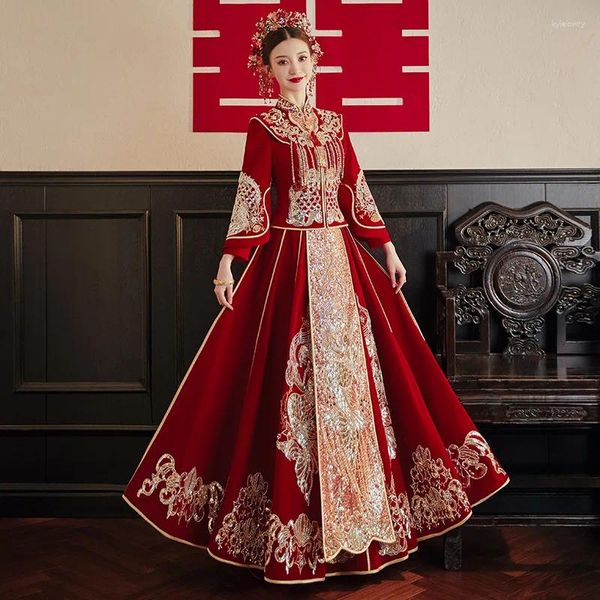 Ethnische Kleidung Plus Größe Xiuhe 2023 Sommer Chinesische Hanfu Hochzeitskleid Braut Toast Frauen Glitter Kleid Roben