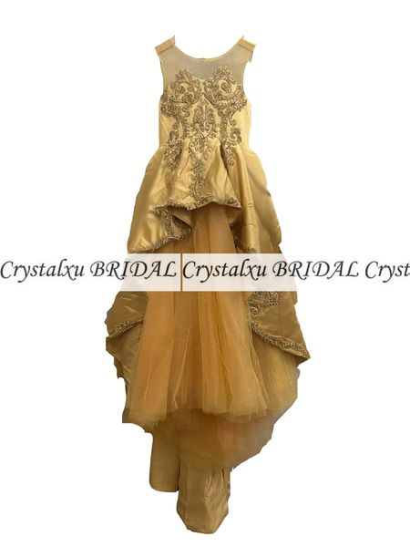 2023 Gold Blumenmädchenkleider Jewel Neck Ballkleid Spitze Applikationen Perlen mit Schleife Kinder Mädchen Festzug Kleid Sweep Zug Geburtstag Kleider Real Image