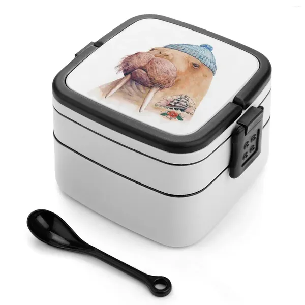 Yemek takımı dövmeli walrus çift katman bento kutusu salata taşınabilir piknik dövme flaş kıyı kıyı