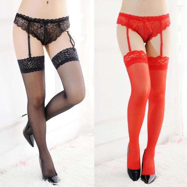 Kadın Çorap Seksi Erotik Iç Çamaşırı Şeffaf Siyah/Kırmızı Dantel Üst Diz Yüksek Çorap Külotlu Jartiyer Kemer G-string Seks Ürünleri