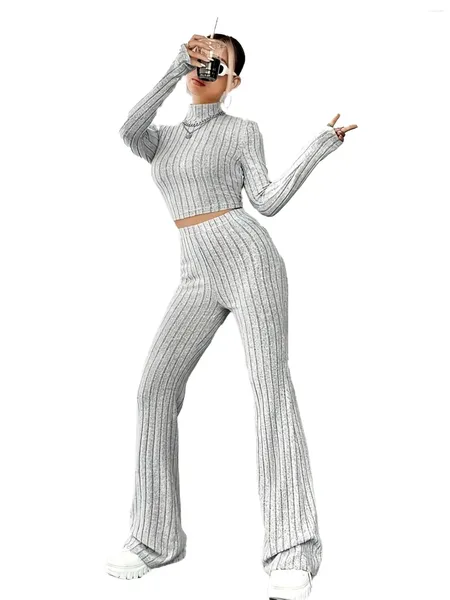 Calças femininas de duas peças 2023 Mulheres Pit Striped Turtleneck Slim Knit Sweater Manga Longa Combinando Stretch Pant Blend Feminino Malha Bottoming