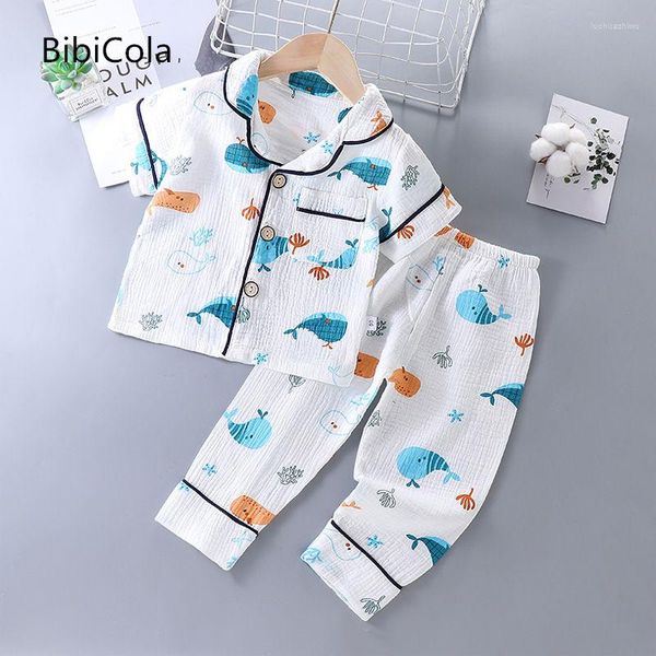 Roupas Conjunto de 2023 Pijama infantil Algodão fino de algodão e meninas de mangas curtas de meninas de mangas curtas de duas peças 2-7 anos