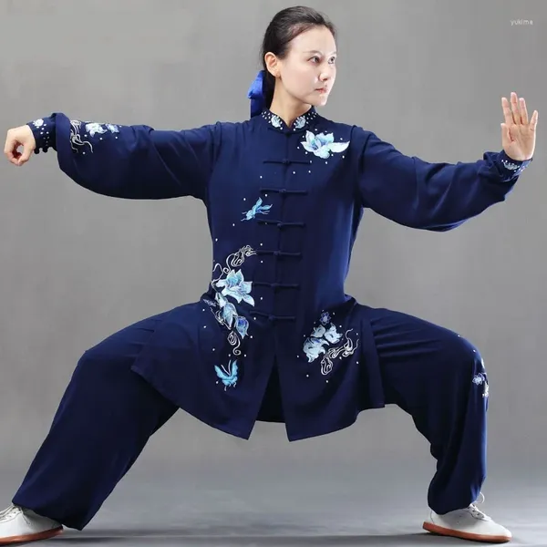 Ethnische Kleidung Marineblaue Tai-Chi-Uniform Kungfu-Kampfsportanzug Chinesische Stickerei Wushu-Kostüm Outfit Anzüge FF3740