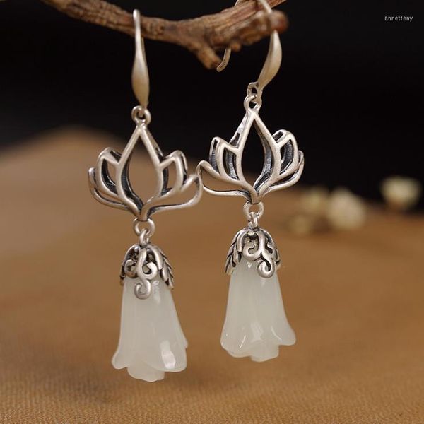 Orecchini pendenti dal design originale, giada bianca naturale di Hetian, fiore di magnolia, stile cinese, fascino retrò, gioielli in argento di marca da donna