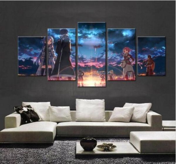 5 painéis de pintura em tela espada arte on-line personagens de desenhos animados imagem modular decoração imagens de parede para sala de estar 6078416