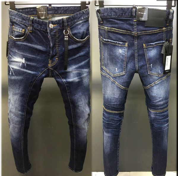 Yeni stil erkek ripper jeans denim pantolon sıska fit ince streç erkek bisikletçisi jean pantolon patchwork sıkıntılı nokta boyalı delik vintage içi boş mavi renk