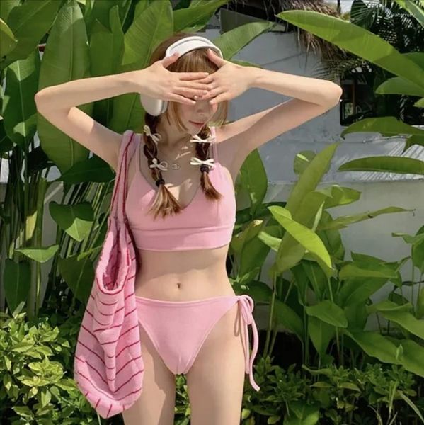 Kadın Mayo Seksi Şeritler Bikini Kadınlar Katı Pembe Şeker Renk Biquini Sevimli Mayo Bikinis Pad Mayo Kore Stil