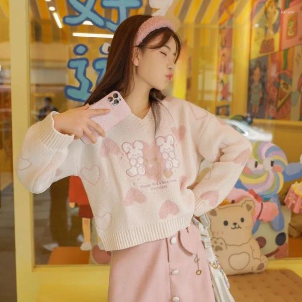 Kadın Sweaters Pink V-Guth Love Nakış Uzun Kollu Kazak Sonbahar Moda Tatlı Gevşek Triko Lasy's Giyim