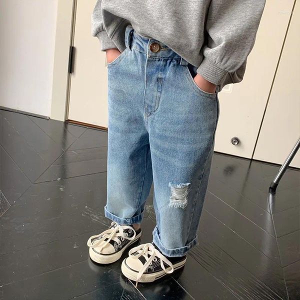 Calças infantis roupas jeans para meninos e meninas com buracos em 2023 calças casuais de primavera