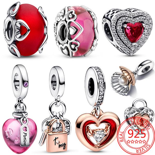 925 argento Fit Pandora Charms originali Ciondolo fai da te donna Bracciali perline Rosa Love Potion Cuore in vetro di Murano Ciondola