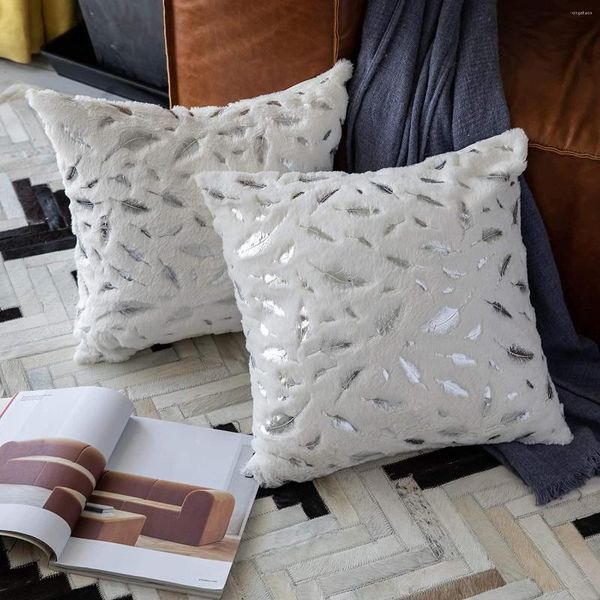 Cuscini abbronzanti per cuscino Copricuscini Pelliccia bianca con foglie d'argento Morbido per divano letto Federa quadrata decorativa per la casa
