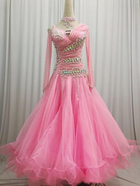 Сценическая одежда, розовое платье для вальса, женское платье с длинным рукавом, современные бальные танцевальные платья, стандартная юбка высокого качества