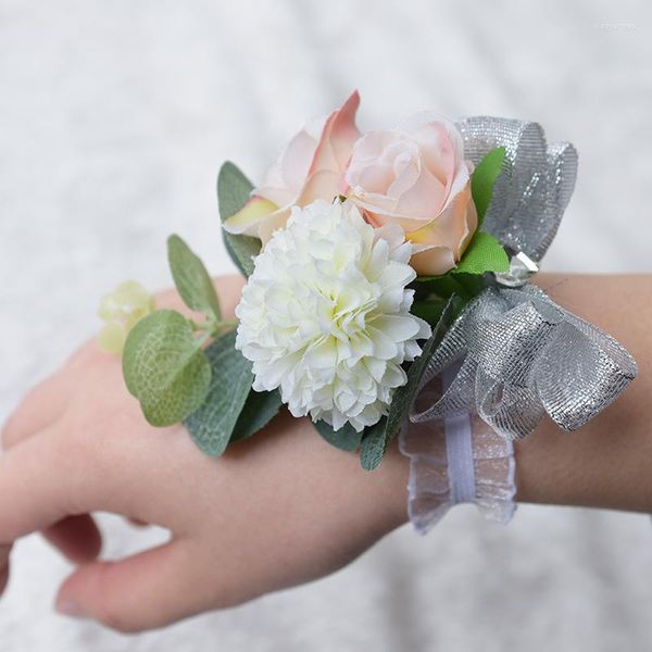 Flores decorativas de casamento FLOR FLOR FLOR Bridesmaid Bracelet Broche Bride Dress Dress Acessórios de mão Irmãs Decoração de dança