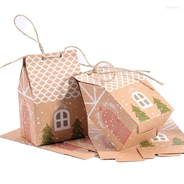 Envoltura de regalo 50 piezas Forma de casa con cuerda Bolsa de caramelo Papel Kraft Caja de embalaje de galletas Colgante de Navidad