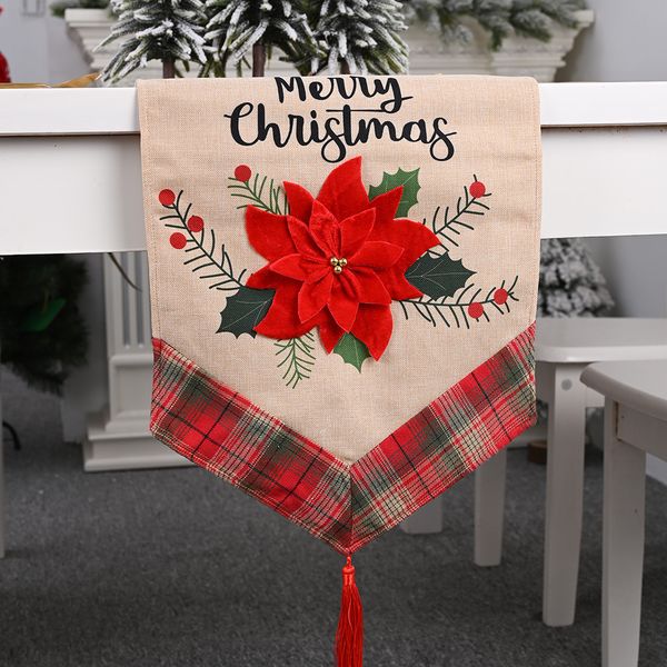 Novas decorações de natal grande flor vermelha mesa de linho bandeira de linho toalha de mesa decoração pendurado borla bandeira de mesa